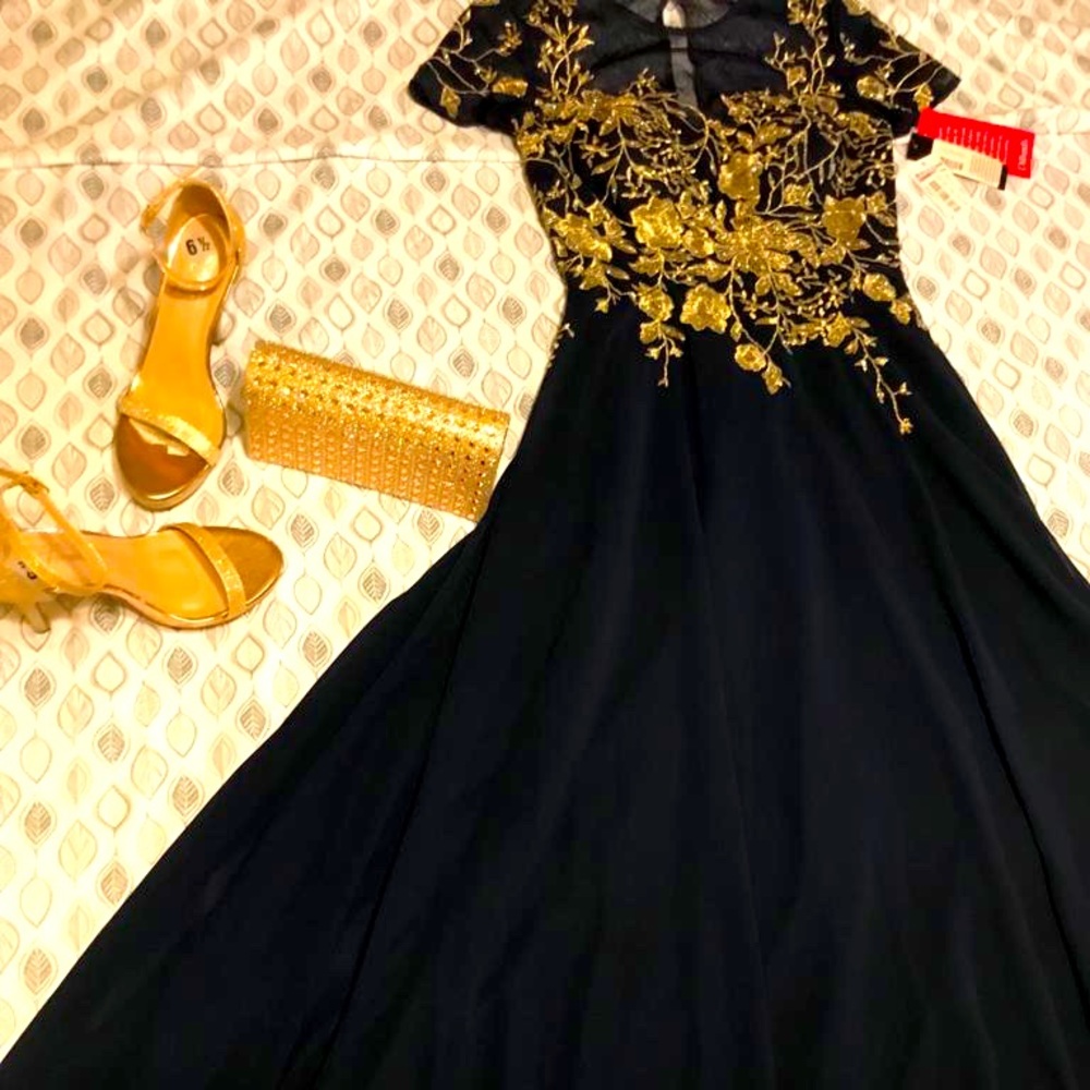 Navy and gold accent evening dress. Additional cost for purse and platforms.